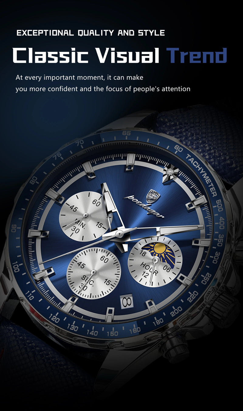 Relógio masculino POEDAGAR Original Fashion, luminoso, à prova d'água, cronógrafo, data, pulseira de couro, quartzo, esportivo.