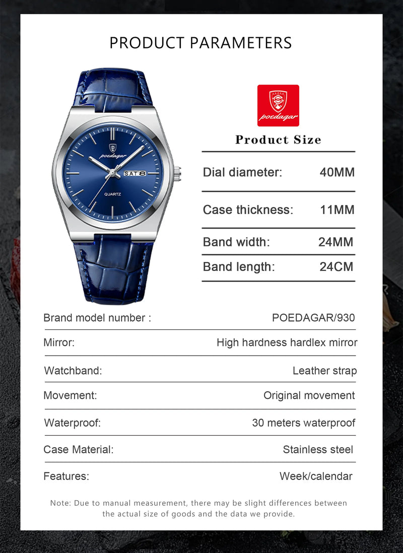 Relógio de pulso masculino de luxo POEDAGAR, moderno e elegante, à prova d'água, com data e dia da semana luminosos. Relógio masculino simples para negócios, de quartzo, com pulseira de couro.