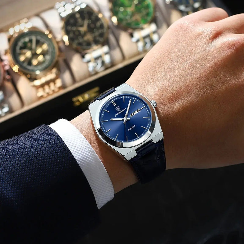 Relógio de pulso masculino de luxo POEDAGAR, moderno e elegante, à prova d'água, com data e dia da semana luminosos. Relógio masculino simples para negócios, de quartzo, com pulseira de couro.
