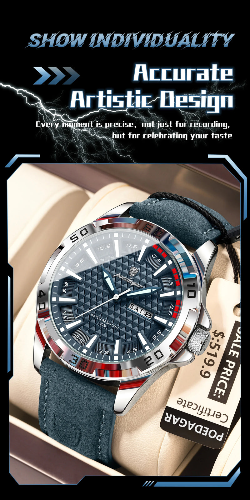 Relógio de pulso masculino POEDAGAR Original, de luxo, à prova d'água, com luz, data e dia da semana, para homens, quartzo, esportivo, com pulseira de couro.