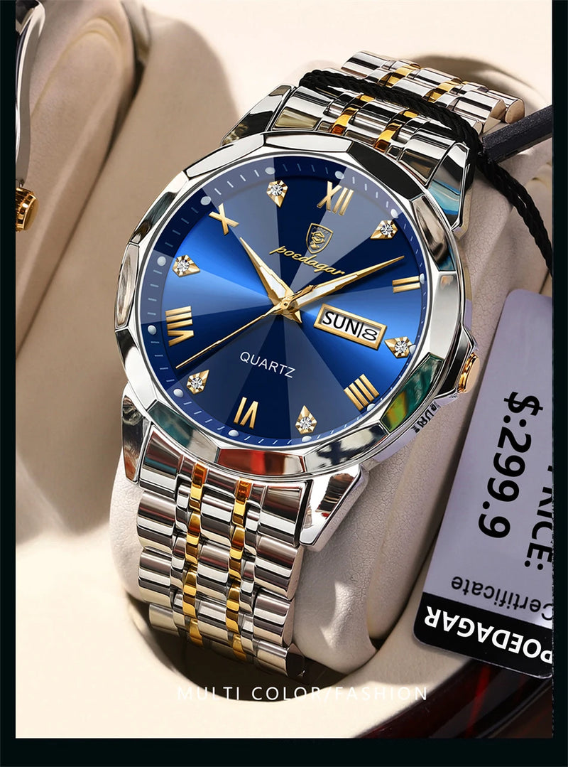 Relógio masculino de luxo POEDAGAR, à prova d'água, em aço inoxidável, com indicador de data e dia da semana, design moderno e elegante para negócios, com mecanismo de quartzo.