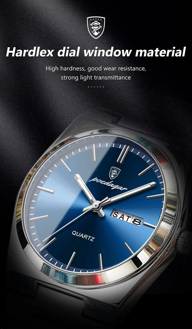 Relógio de luxo masculino POEDAGAR em aço inoxidável, à prova d'água, com luminescência, data e dia da semana, estilo casual, com mecanismo de quartzo.