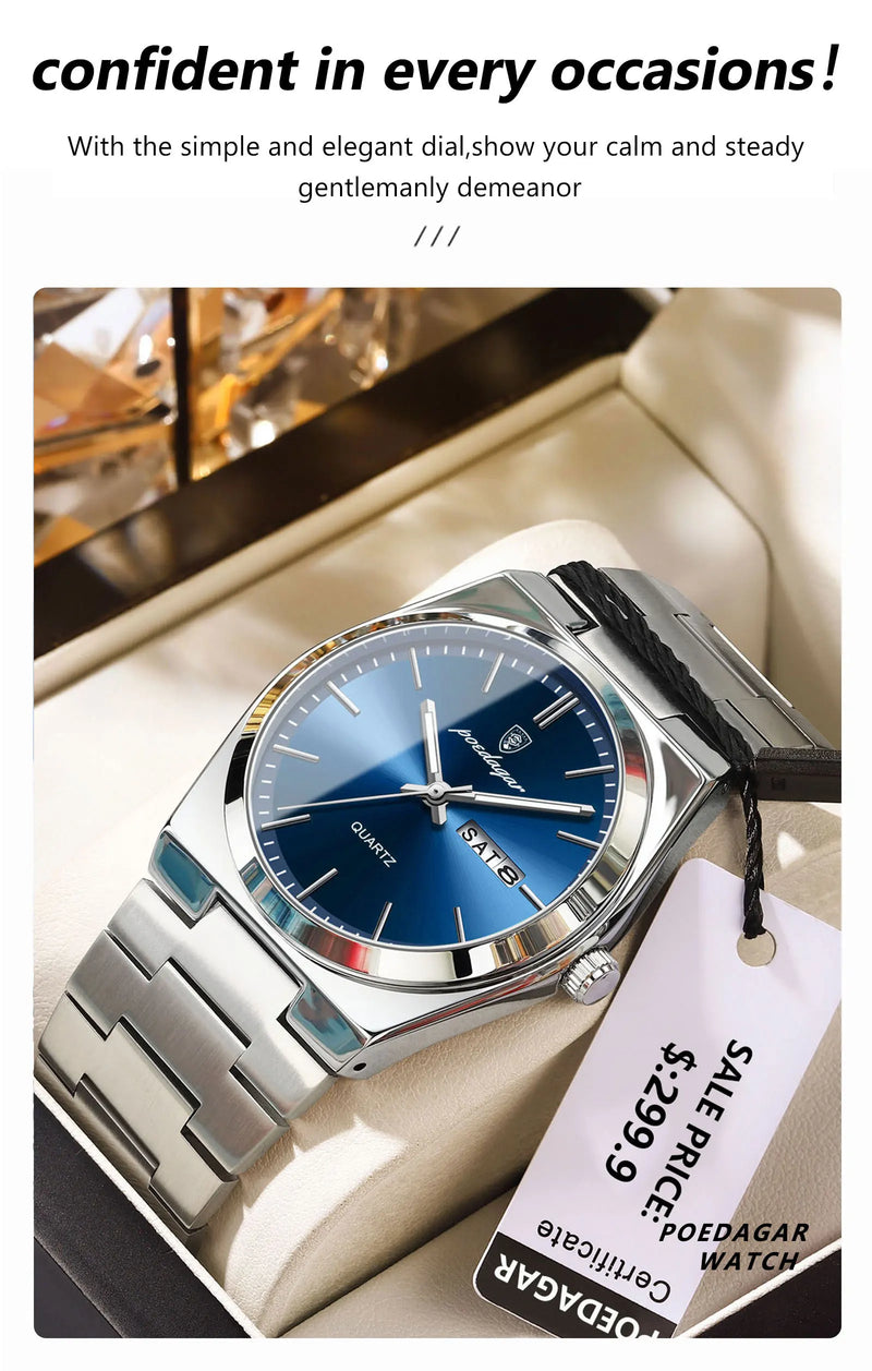 Relógio de luxo masculino POEDAGAR em aço inoxidável, à prova d'água, com luminescência, data e dia da semana, estilo casual, com mecanismo de quartzo.