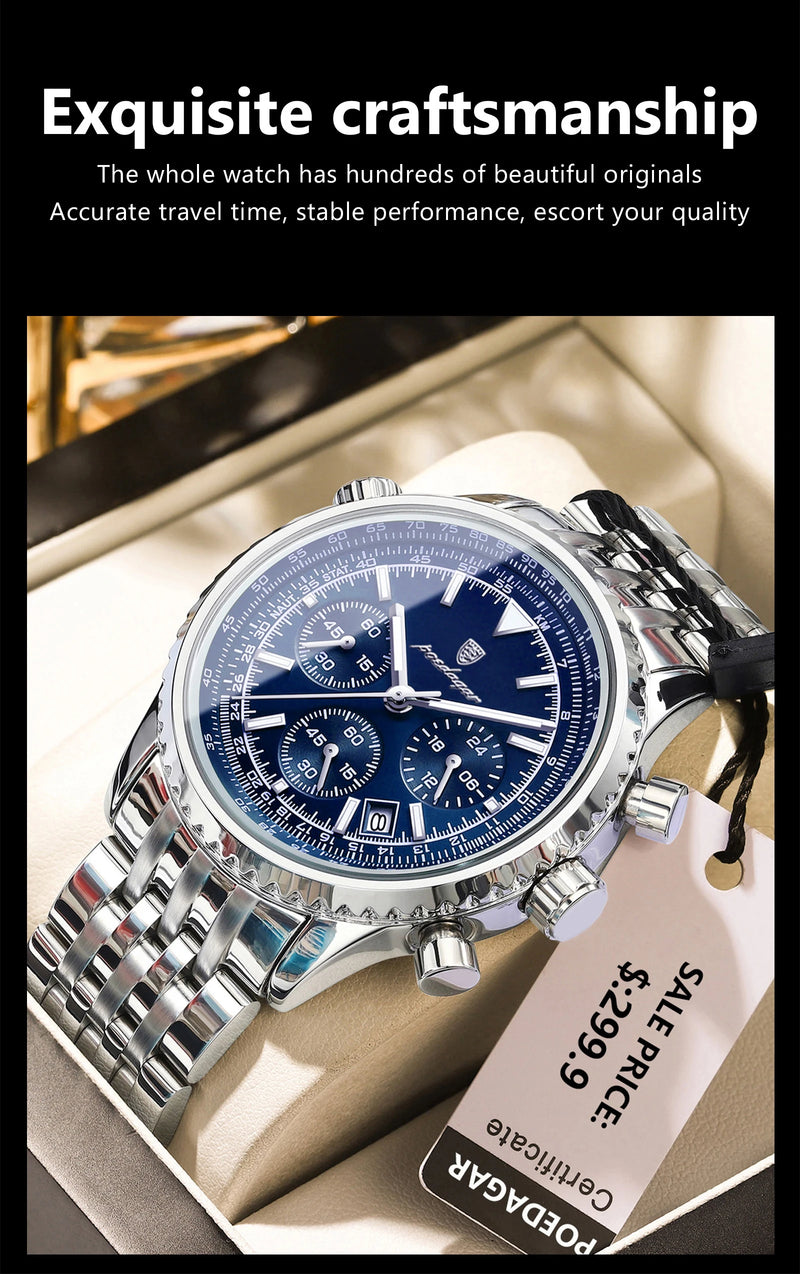 Relógio masculino esportivo de luxo POEDAGAR, cronógrafo, data, à prova d'água, luminoso, quartzo, aço inoxidável, relógio de pulso masculino moderno