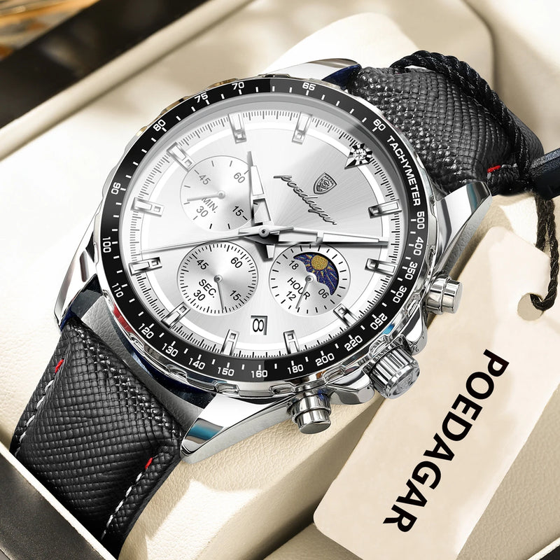 Relógio masculino POEDAGAR Original Fashion, luminoso, à prova d'água, cronógrafo, data, pulseira de couro, quartzo, esportivo.