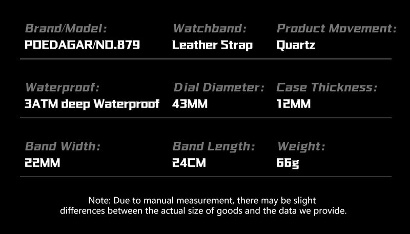 Relógio masculino POEDAGAR Original Fashion, luminoso, à prova d'água, cronógrafo, data, pulseira de couro, quartzo, esportivo.