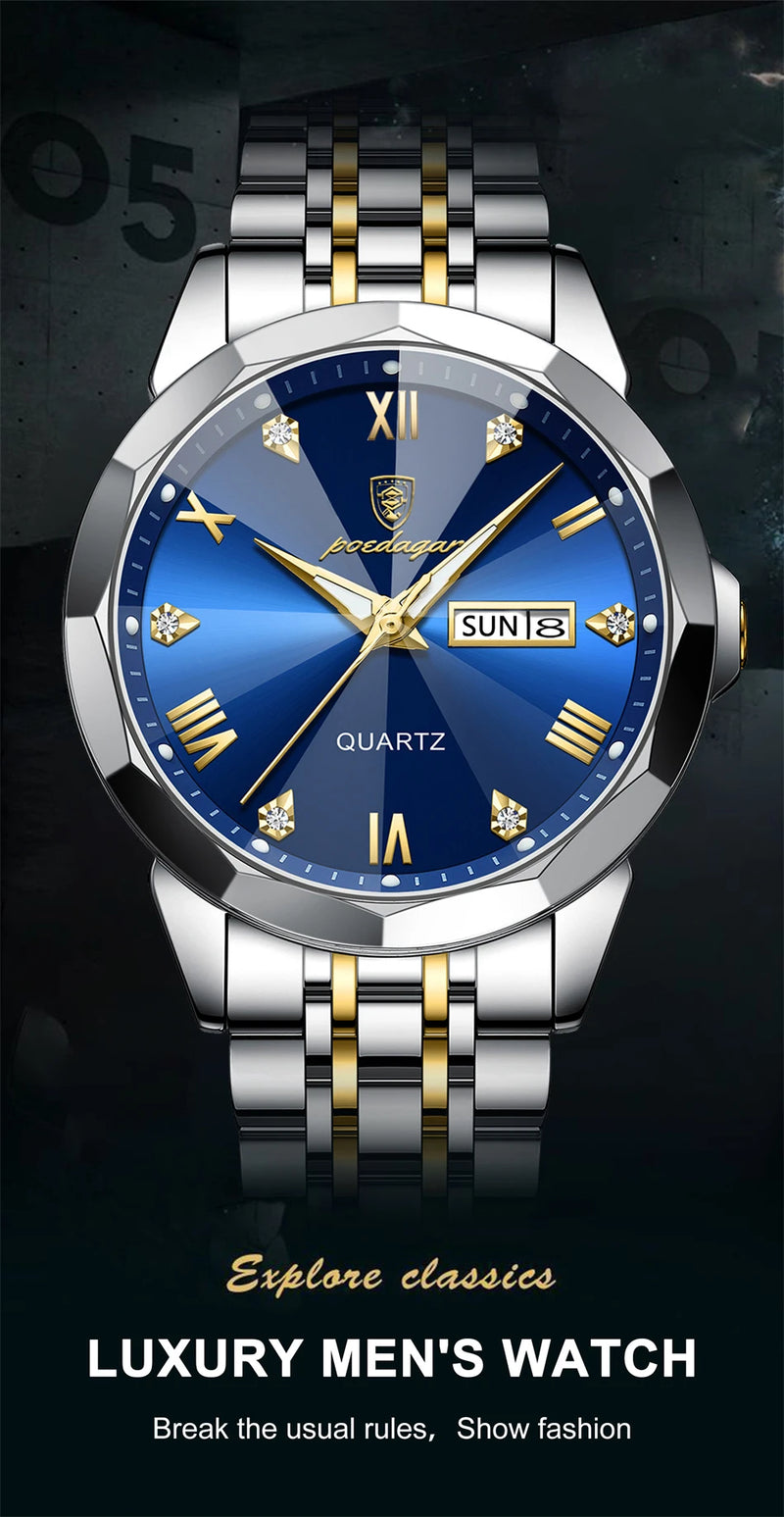 Relógio masculino de luxo POEDAGAR, à prova d'água, em aço inoxidável, com indicador de data e dia da semana, design moderno e elegante para negócios, com mecanismo de quartzo.