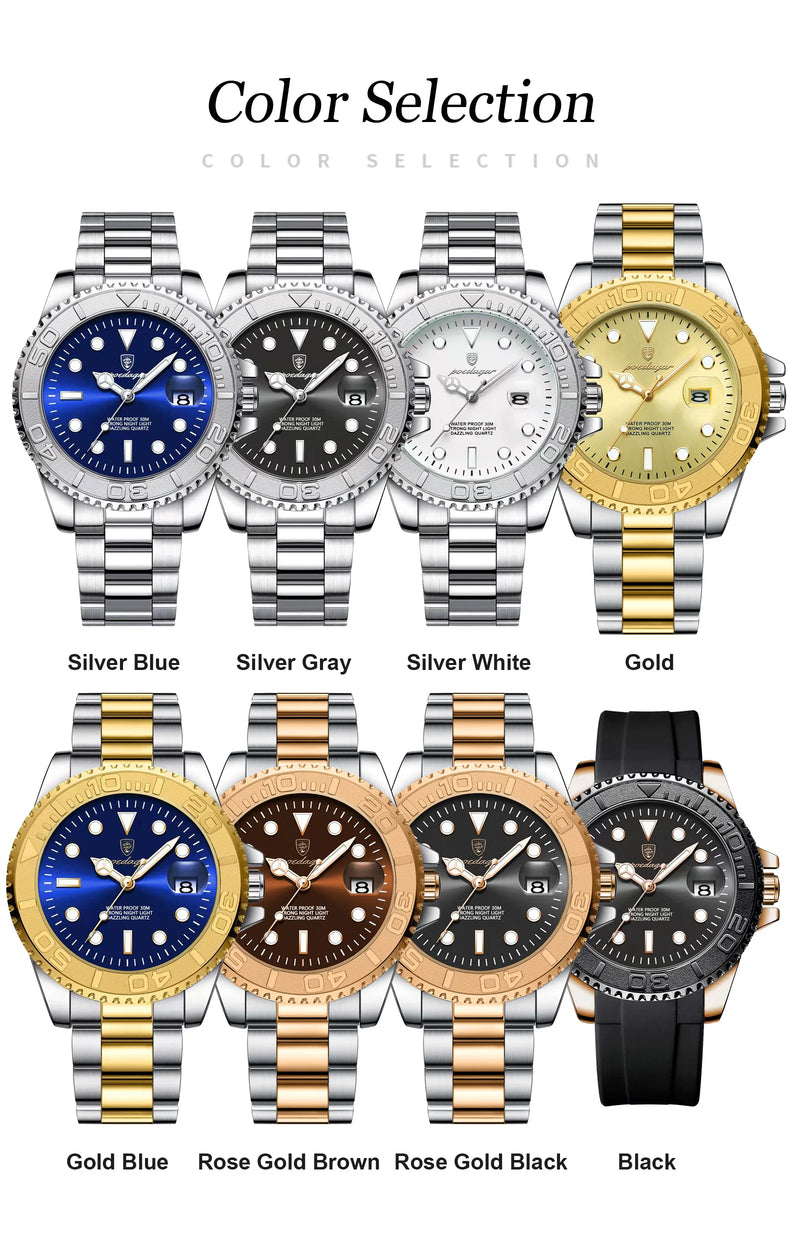 Relógio masculino de luxo POEDAGAR, à prova d'água, com data luminosa, em aço inoxidável, estilo esportivo e moderno, com mecanismo de quartzo.