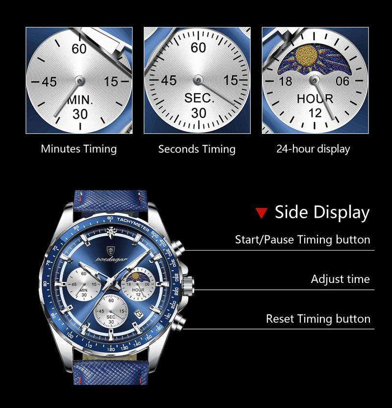 Relógio masculino POEDAGAR Original Fashion, luminoso, à prova d'água, cronógrafo, data, pulseira de couro, quartzo, esportivo.