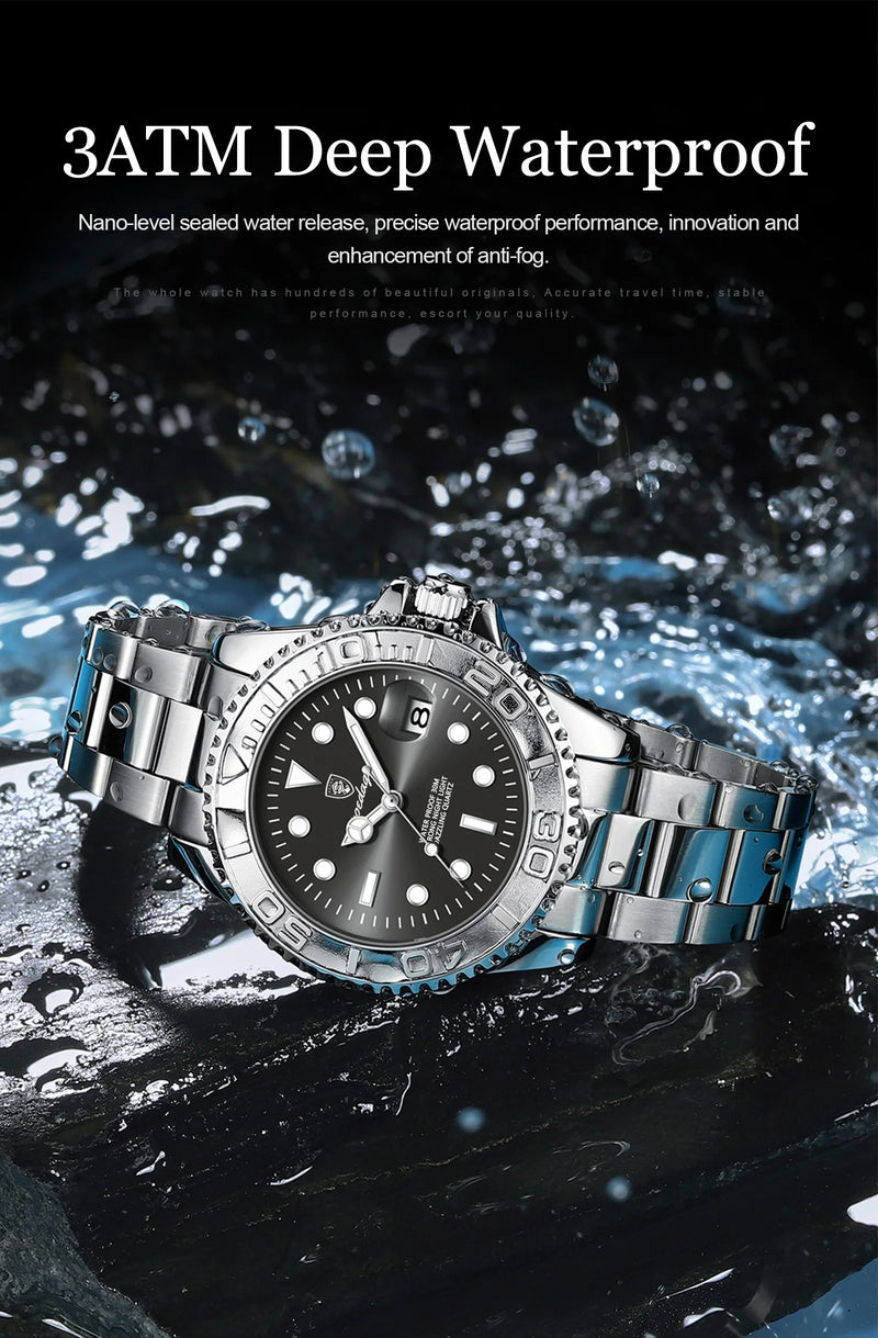 Relógio masculino de luxo POEDAGAR, à prova d'água, com data luminosa, em aço inoxidável, estilo esportivo e moderno, com mecanismo de quartzo.