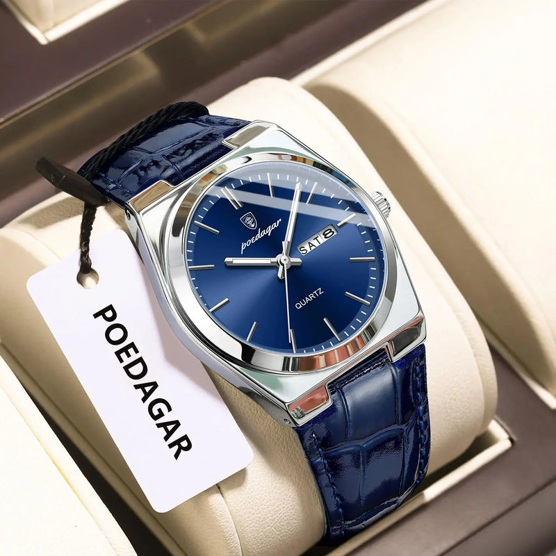 Relógio de pulso masculino de luxo POEDAGAR, moderno e elegante, à prova d'água, com data e dia da semana luminosos. Relógio masculino simples para negócios, de quartzo, com pulseira de couro.