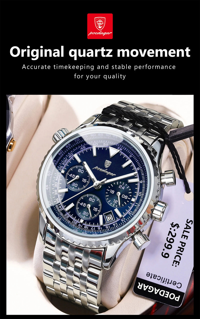 Relógio masculino esportivo de luxo POEDAGAR, cronógrafo, data, à prova d'água, luminoso, quartzo, aço inoxidável, relógio de pulso masculino moderno