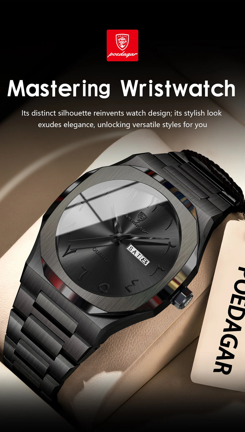 Relógio militar masculino POEDAGAR, à prova d'água, de luxo, com calendário semanal, quartzo, em aço inoxidável. Relógio de pulso masculino moderno.