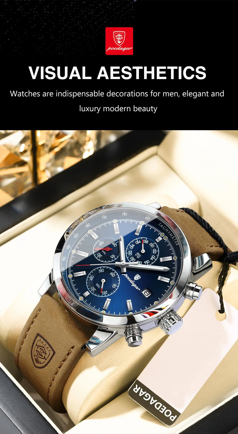 Relógio de pulso masculino POEDAGAR, de luxo, esportivo, à prova d'água, cronógrafo, luminoso, com data, em couro, para negócios.