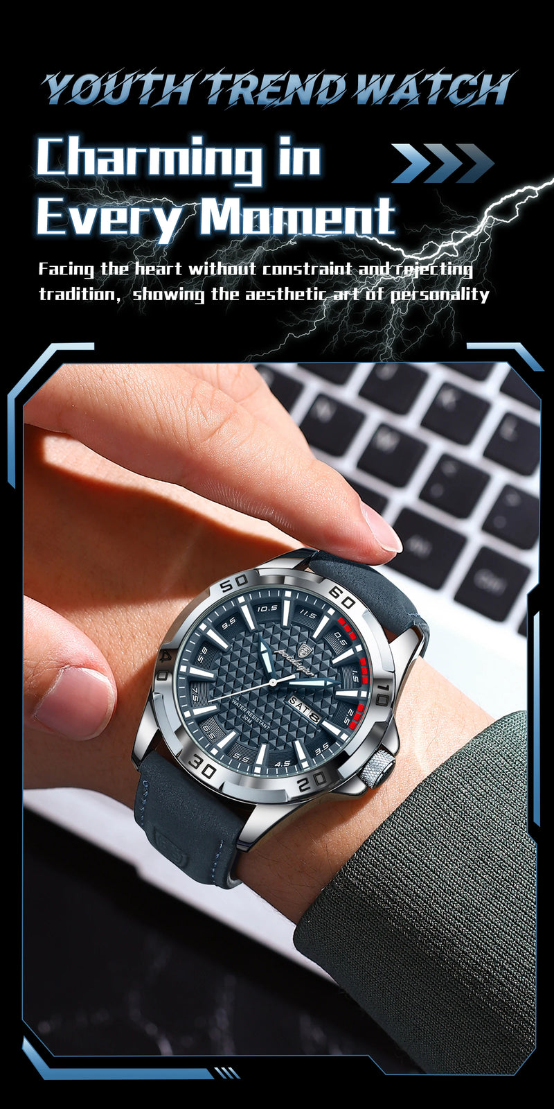 Relógio de pulso masculino POEDAGAR Original, de luxo, à prova d'água, com luz, data e dia da semana, para homens, quartzo, esportivo, com pulseira de couro.