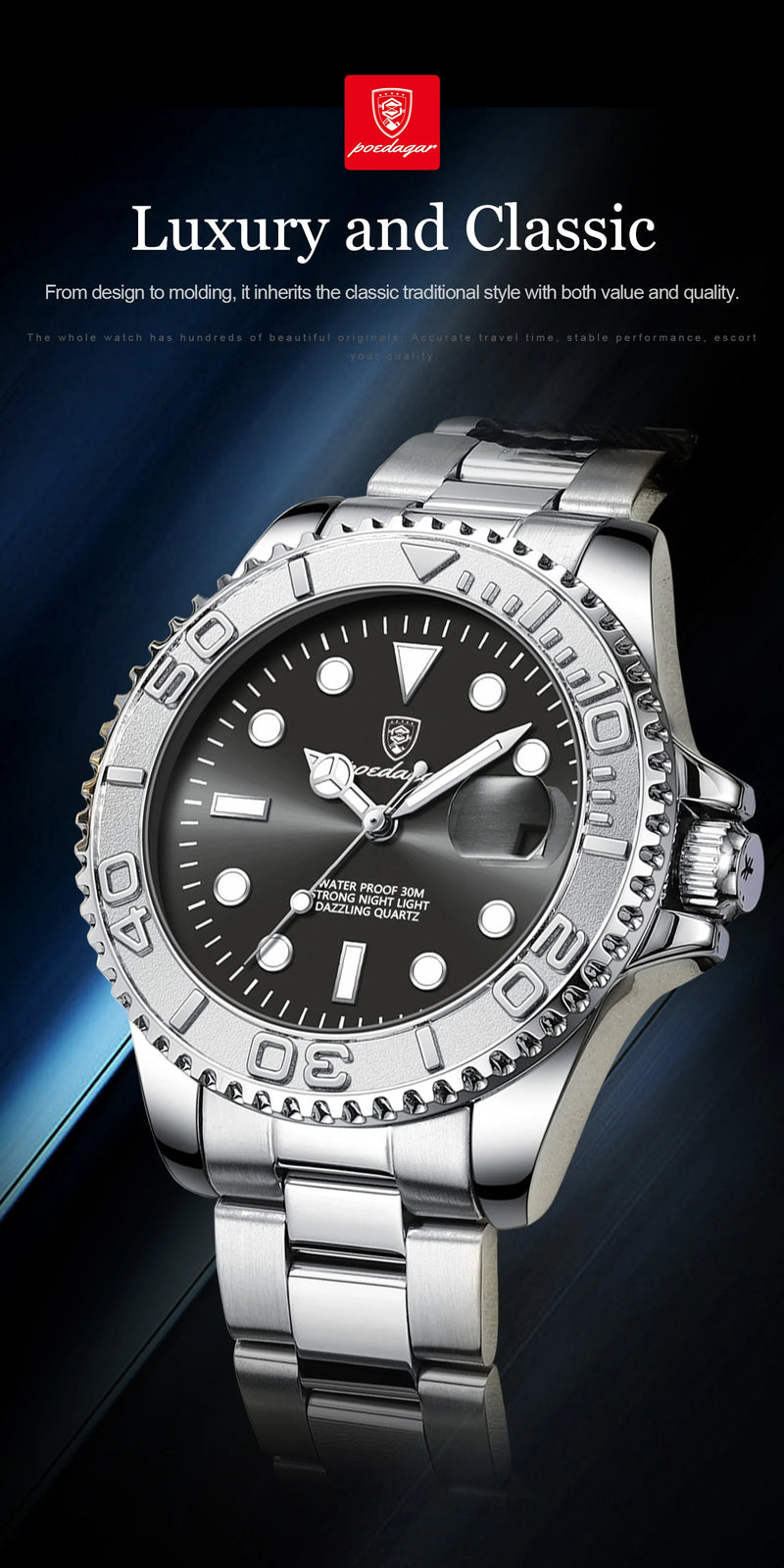 Relógio masculino de luxo POEDAGAR, à prova d'água, com data luminosa, em aço inoxidável, estilo esportivo e moderno, com mecanismo de quartzo.