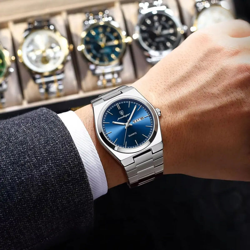 Relógio de luxo masculino POEDAGAR em aço inoxidável, à prova d'água, com luminescência, data e dia da semana, estilo casual, com mecanismo de quartzo.