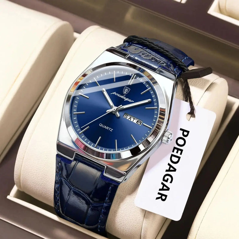 Relógio de pulso masculino de luxo POEDAGAR, moderno e elegante, à prova d'água, com data e dia da semana luminosos. Relógio masculino simples para negócios, de quartzo, com pulseira de couro.
