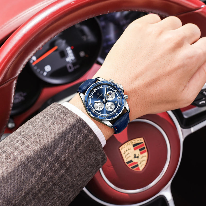 Relógio masculino POEDAGAR Original Fashion, luminoso, à prova d'água, cronógrafo, data, pulseira de couro, quartzo, esportivo.