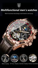 Relógio de pulso automático de luxo POEDAGAR, à prova d'água, luminoso, com data e dia da semana, em couro, para homens, com turbilhão e mecanismo mecânico.