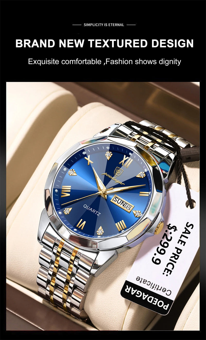 Relógio masculino de luxo POEDAGAR, à prova d'água, em aço inoxidável, com indicador de data e dia da semana, design moderno e elegante para negócios, com mecanismo de quartzo.