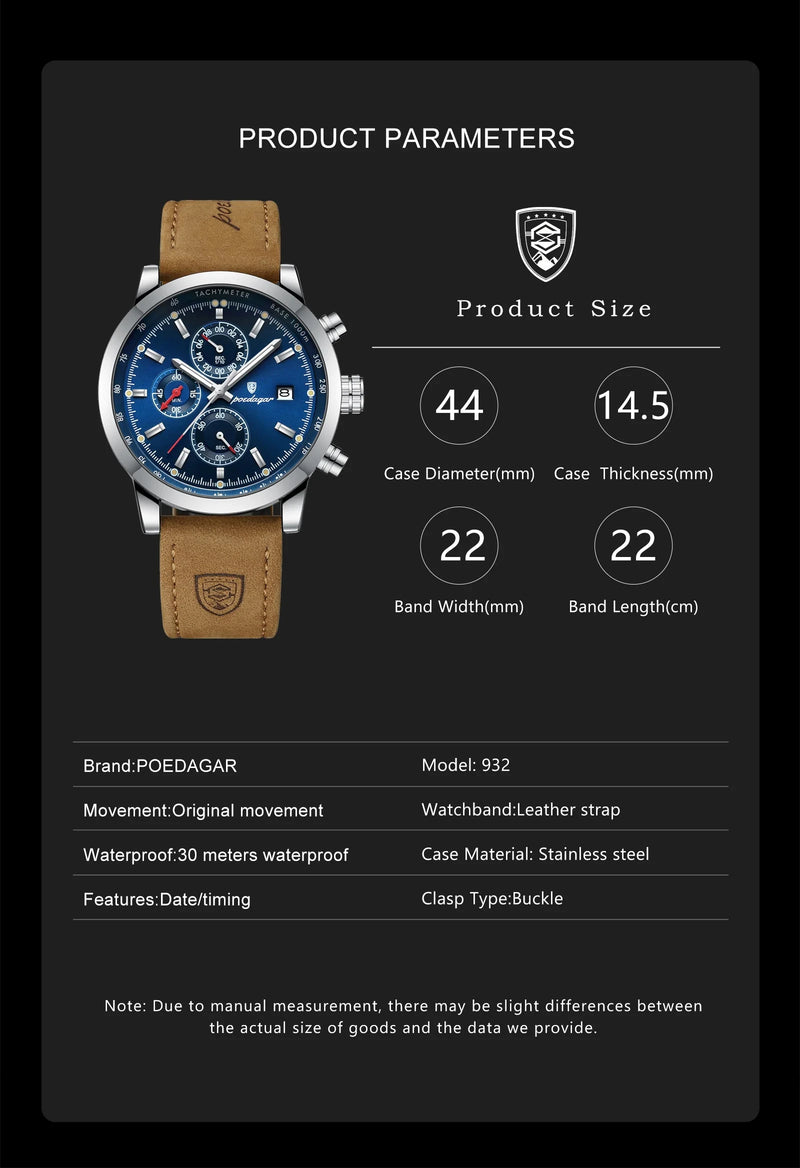 Relógio de pulso masculino POEDAGAR, de luxo, esportivo, à prova d'água, cronógrafo, luminoso, com data, em couro, para negócios.