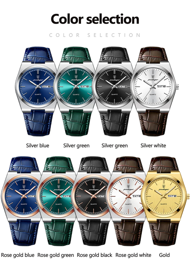 Relógio de pulso masculino de luxo POEDAGAR, moderno e elegante, à prova d'água, com data e dia da semana luminosos. Relógio masculino simples para negócios, de quartzo, com pulseira de couro.