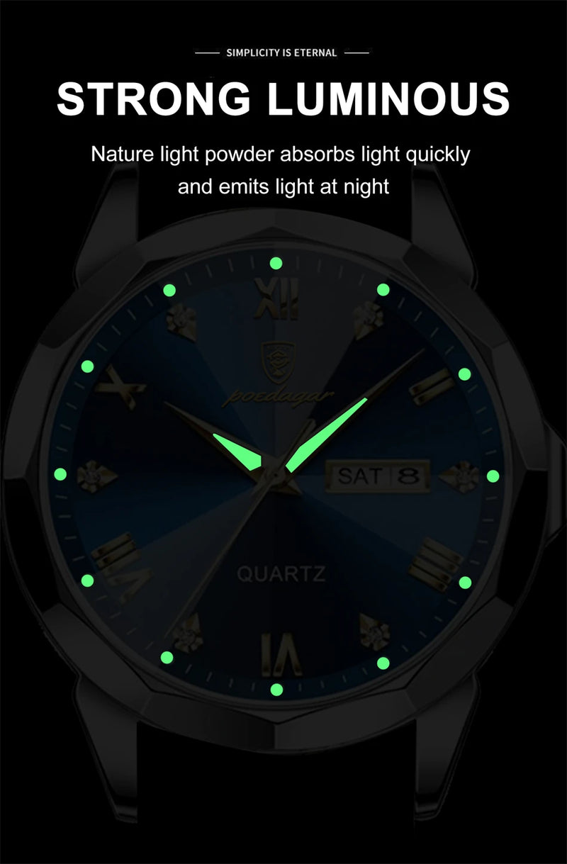 Relógio masculino de luxo POEDAGAR, à prova d'água, em aço inoxidável, com indicador de data e dia da semana, design moderno e elegante para negócios, com mecanismo de quartzo.