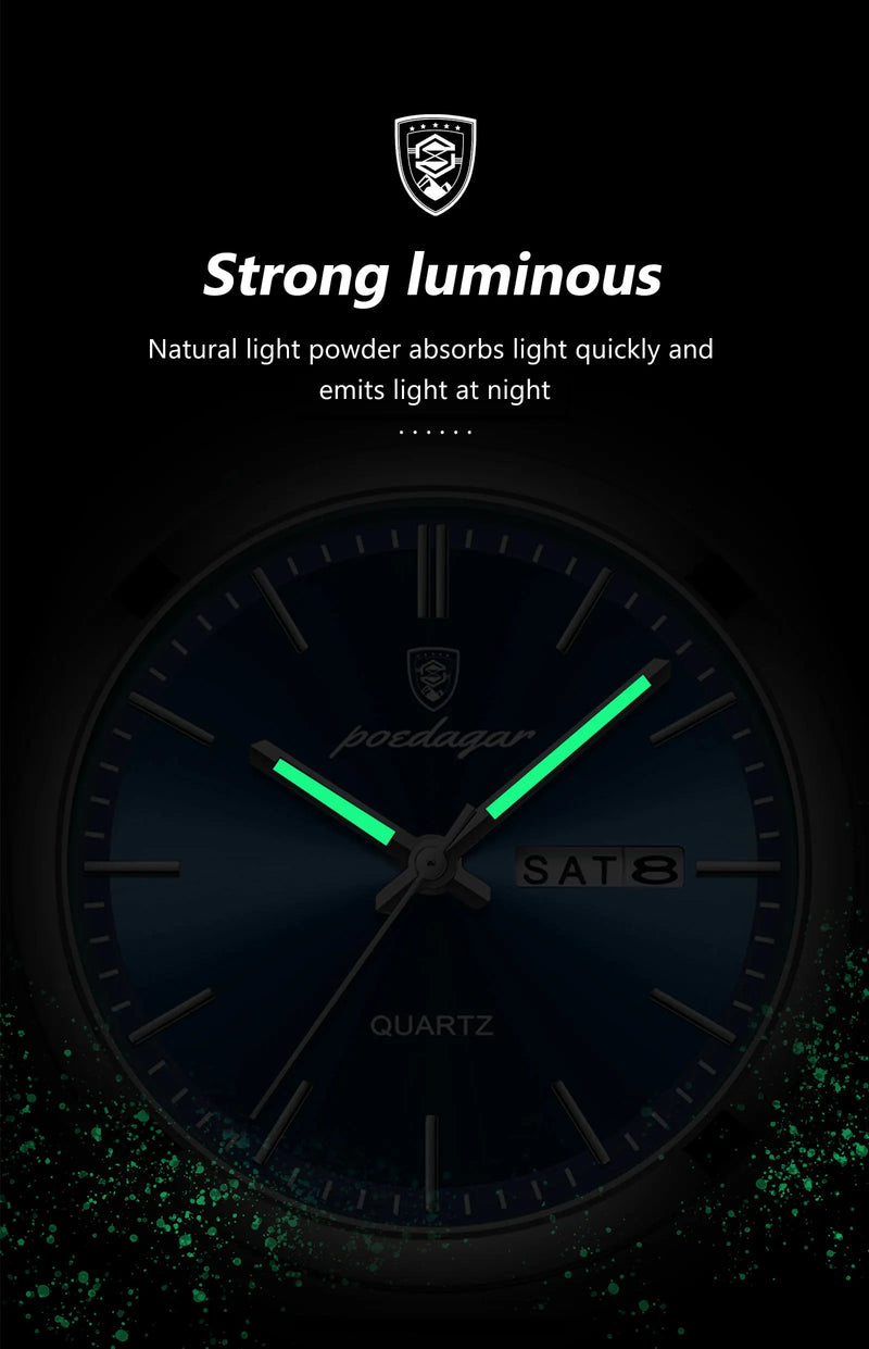 Relógio de luxo masculino POEDAGAR em aço inoxidável, à prova d'água, com luminescência, data e dia da semana, estilo casual, com mecanismo de quartzo.