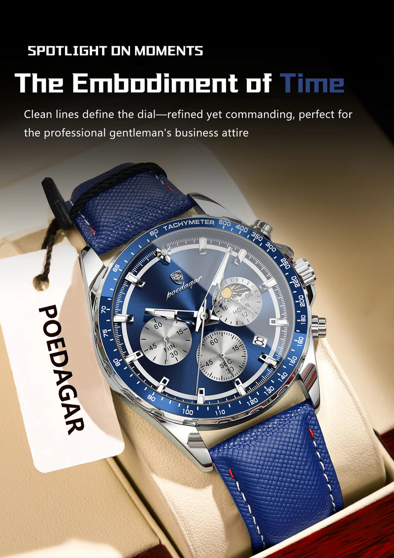 Relógio masculino POEDAGAR Original Fashion, luminoso, à prova d'água, cronógrafo, data, pulseira de couro, quartzo, esportivo.