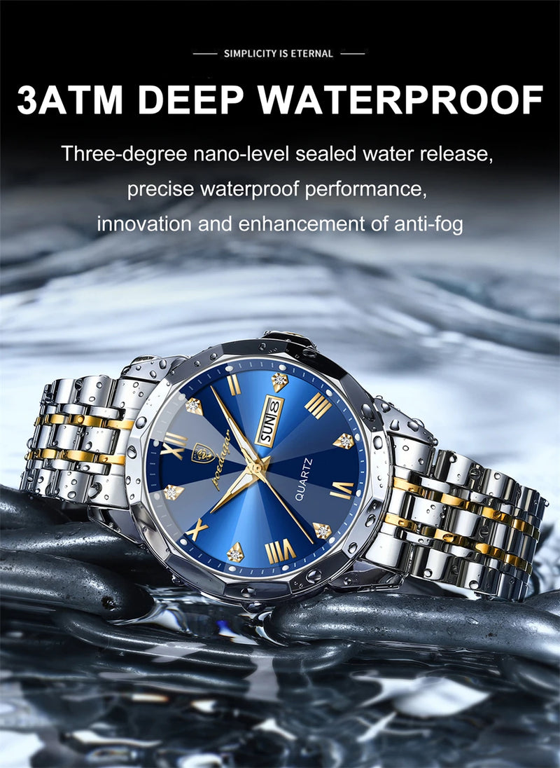 Relógio masculino de luxo POEDAGAR, à prova d'água, em aço inoxidável, com indicador de data e dia da semana, design moderno e elegante para negócios, com mecanismo de quartzo.