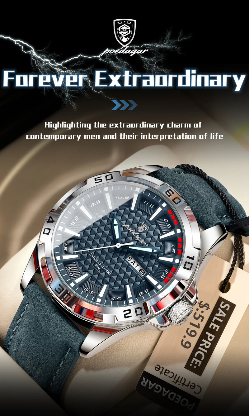 Relógio de pulso masculino POEDAGAR Original, de luxo, à prova d'água, com luz, data e dia da semana, para homens, quartzo, esportivo, com pulseira de couro.