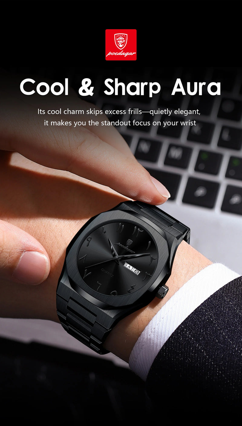 Relógio militar masculino POEDAGAR, à prova d'água, de luxo, com calendário semanal, quartzo, em aço inoxidável. Relógio de pulso masculino moderno.
